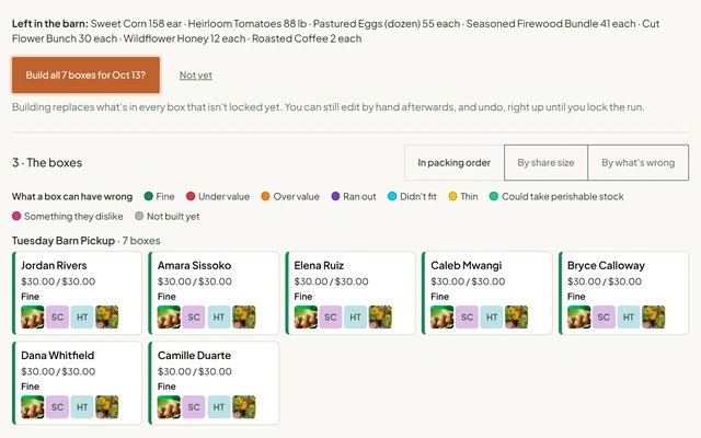 The portal's Build the boxes screen after a run is built: seven member boxes at the pickup site, each at its share value, with thumbnails of what is in it