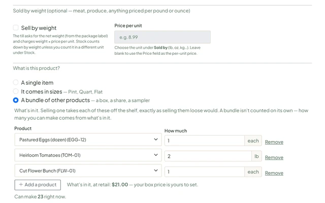 The product form with "A bundle of other products" chosen, listing the products in the box and how many can be made right now