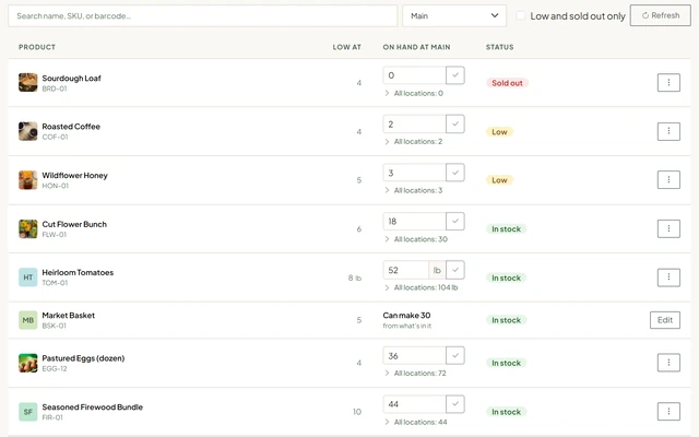 The portal's Stock screen: products with their count on hand and a Sold out, Low or In stock badge, and a bundle that shows how many it can make